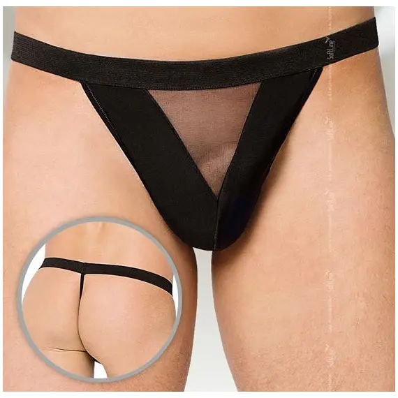 BLAK SATIN MESH THONG